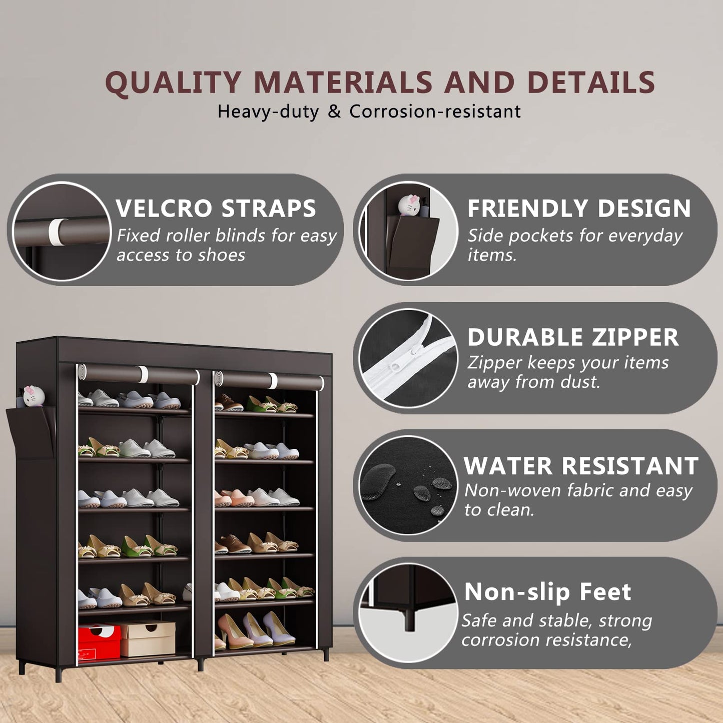 Linzinar Shoe Rack 6 Tier 24-36 Pairs Portable Metal Dust Cover Non Woven with Side Pocket Shoe Shelf Cabinet