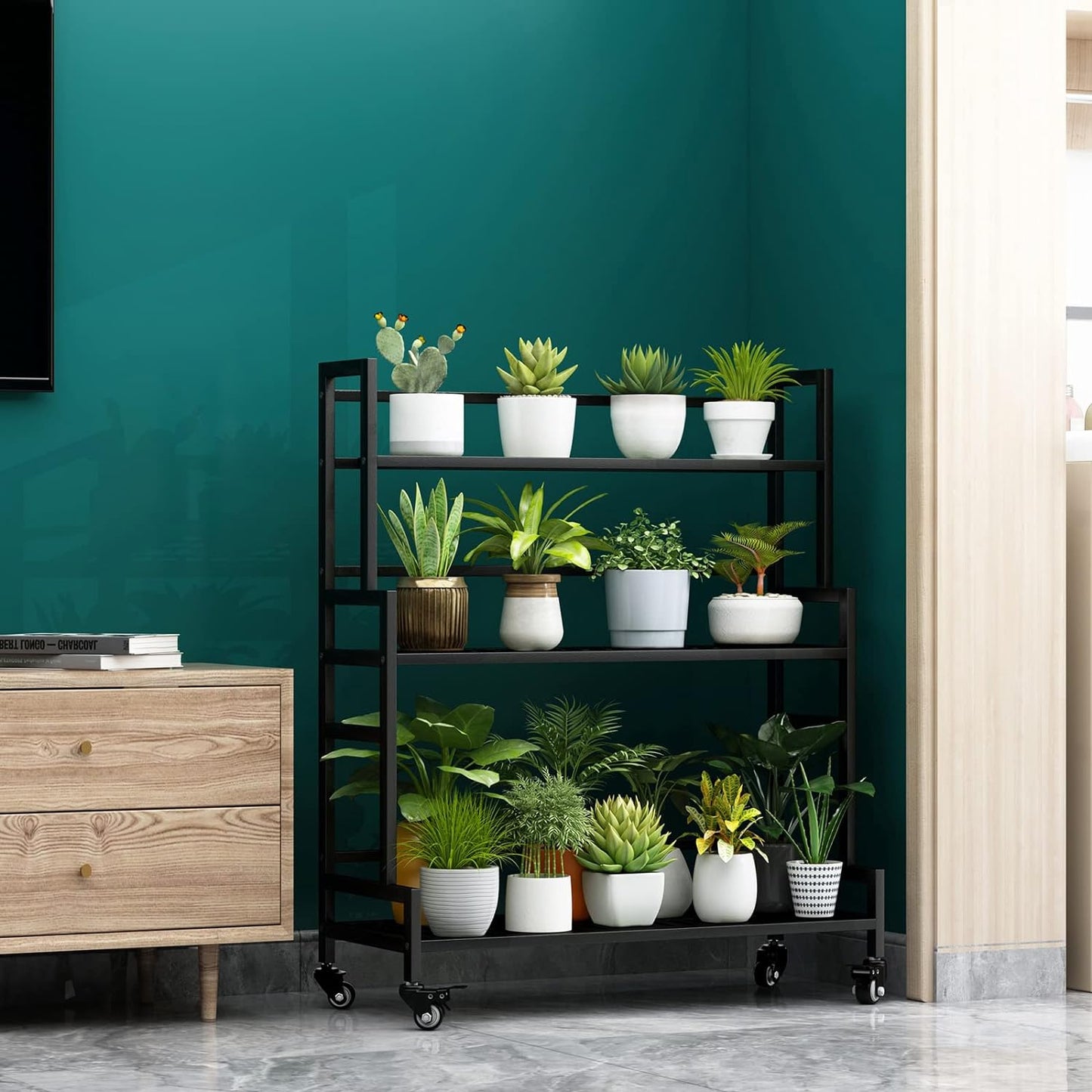 Linzinar Plant Stand Indoor 3 Tier Metal Stands Shelf With wheel for Window Garden Balcony Living Room