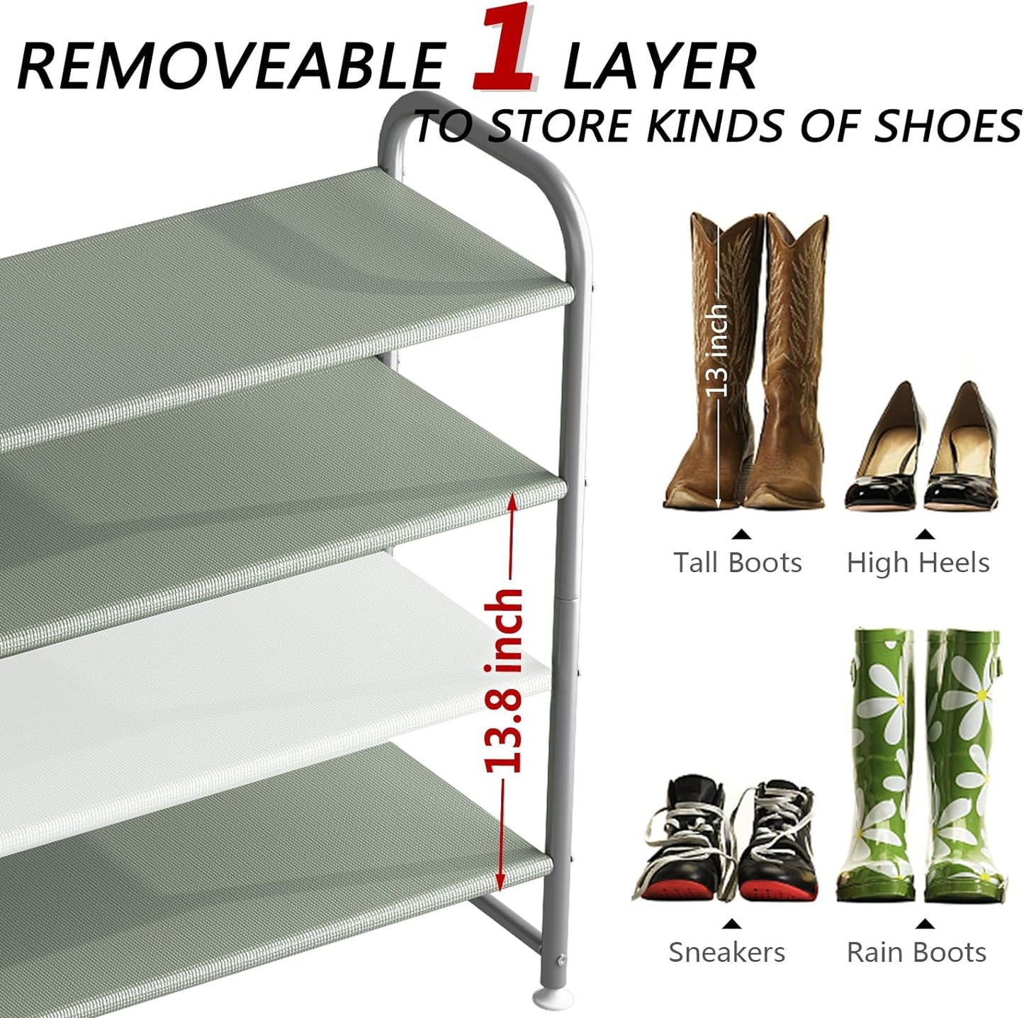 Linzinar Shoe Rack 4 Tier Long Storage Organizer Wide Metal Shoe Shelf
