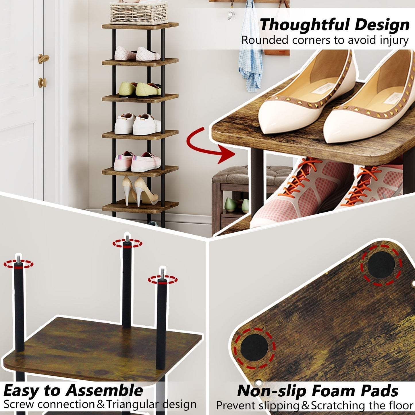 Linzinar Shoe Rack 7 Tier Vertical Storage Organizer Metal Narrow Slim Shelf