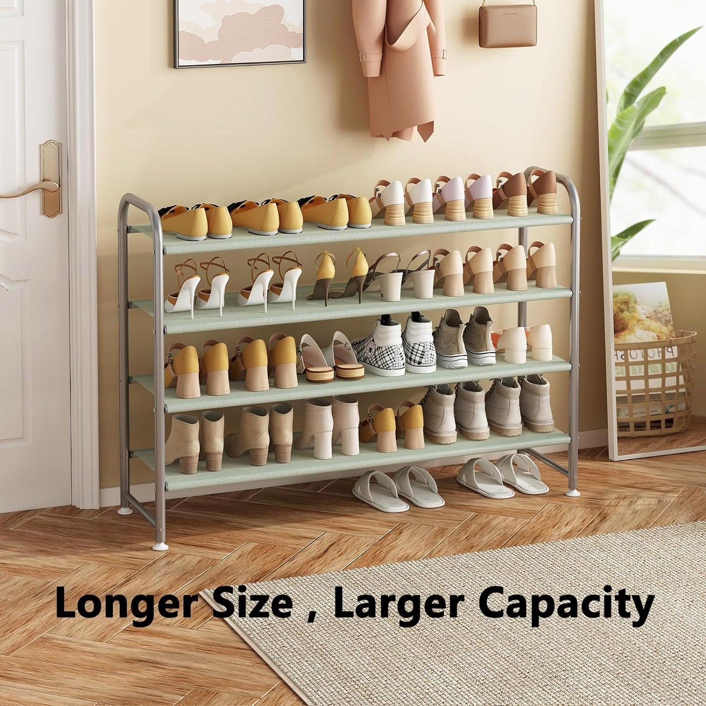 Linzinar Shoe Rack 4 Tier Long Storage Organizer Wide Metal Shoe Shelf