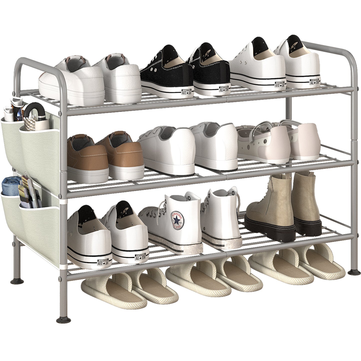 Linzinar Shoe Rack 3 Tier Black Wide Metal Storage Organizer Shelf with Removable Side Pockets