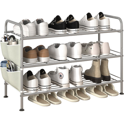 Linzinar Shoe Rack 3 Tier Black Wide Metal Storage Organizer Shelf with Removable Side Pockets