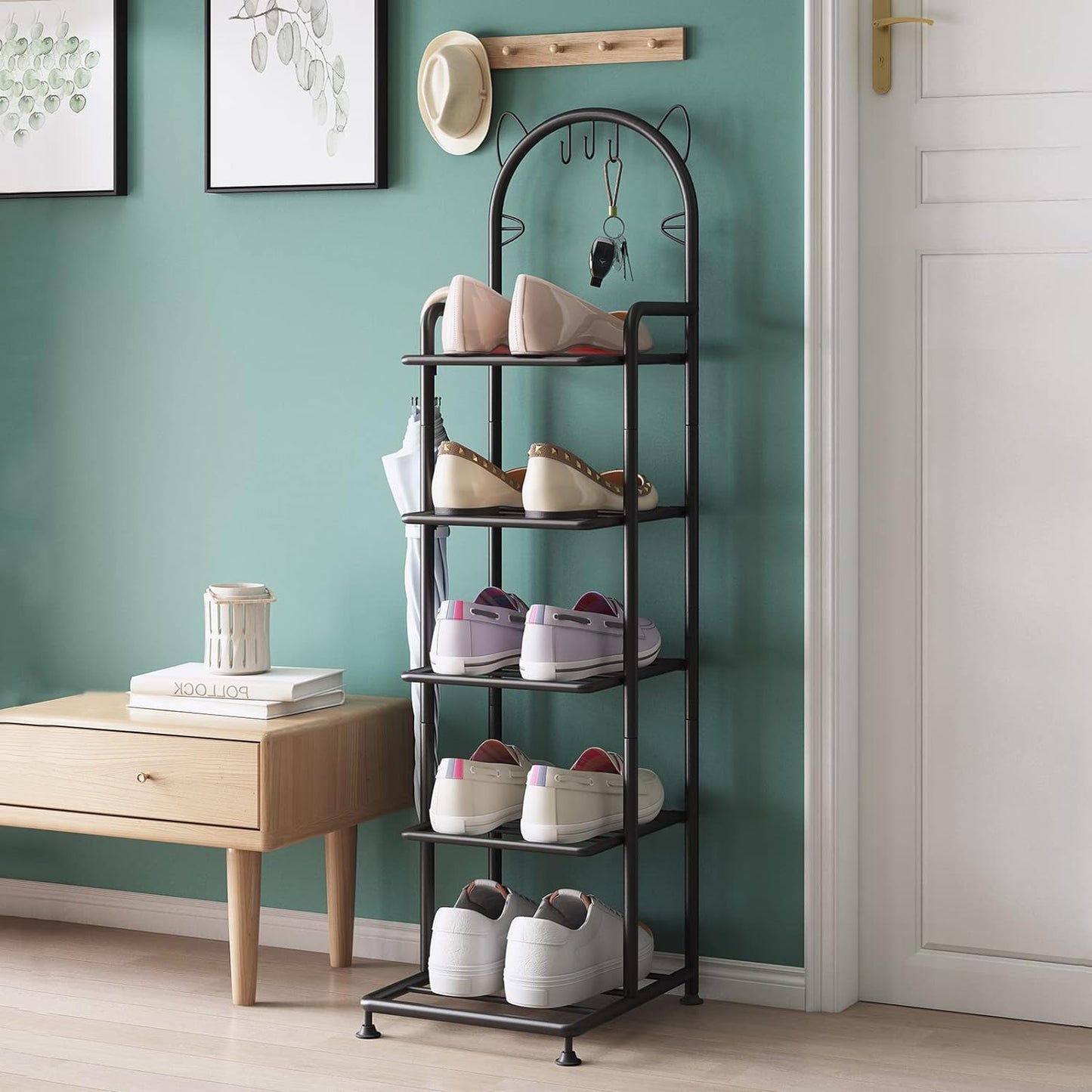 Linzinar Shoe Rack 5 Tier Vertical Storage Organizer Shelf Sturdy Metal Free Standing Shoe Tower