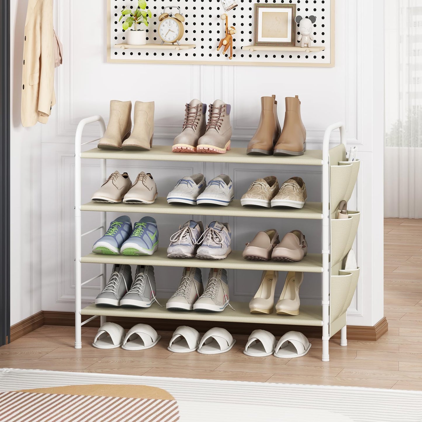 Linzinar Shoe Rack Storage Organizer 4 Tier Free Standing Metal Shoe Shelf