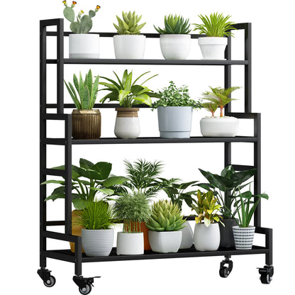 Linzinar Plant Stand Indoor 3-Tier Metal Outdoor Tiered Stand with Wheels Potting Ladder