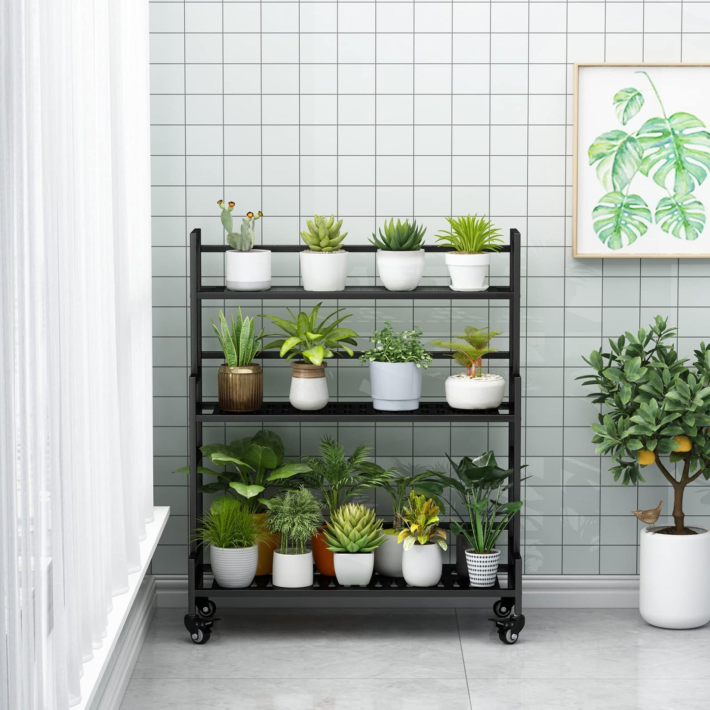 Linzinar Plant Stand Indoor 3-Tier Metal Outdoor Tiered Stand with Wheels Potting Ladder