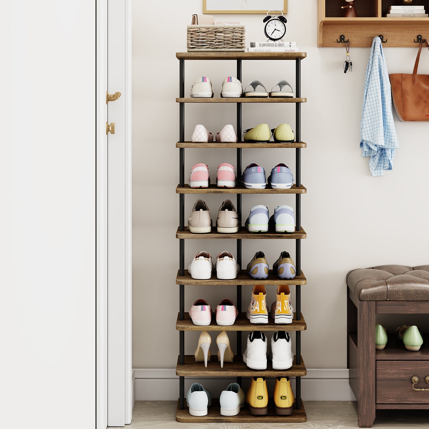 Linzinar Shoe Rack 9 Tier Vertical Storage Organizer Double Row Narrow Metal Slim Shelf