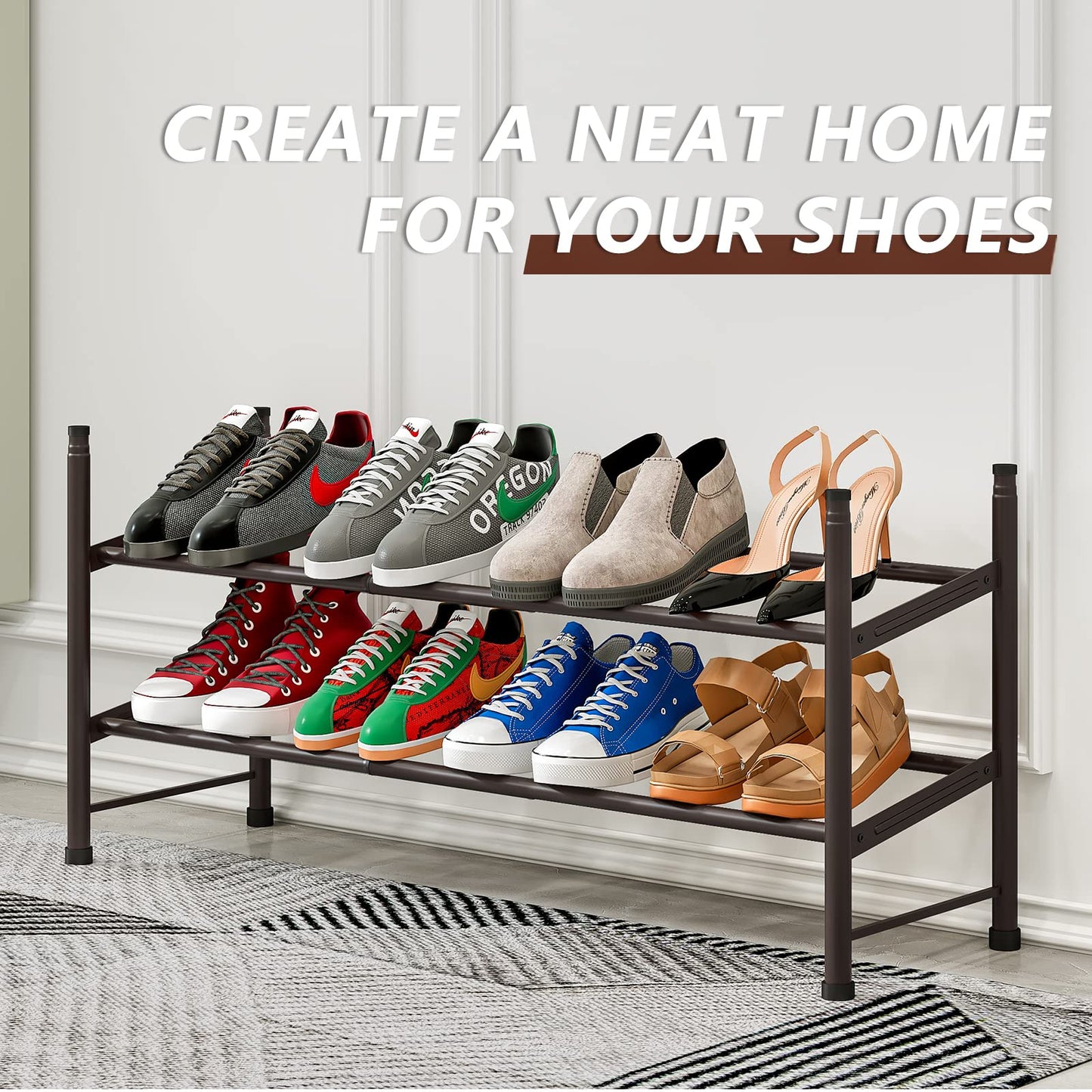 Linzinar Shoe Rack 2 Tier Metal Expandable Adjustable Shoe Shelf