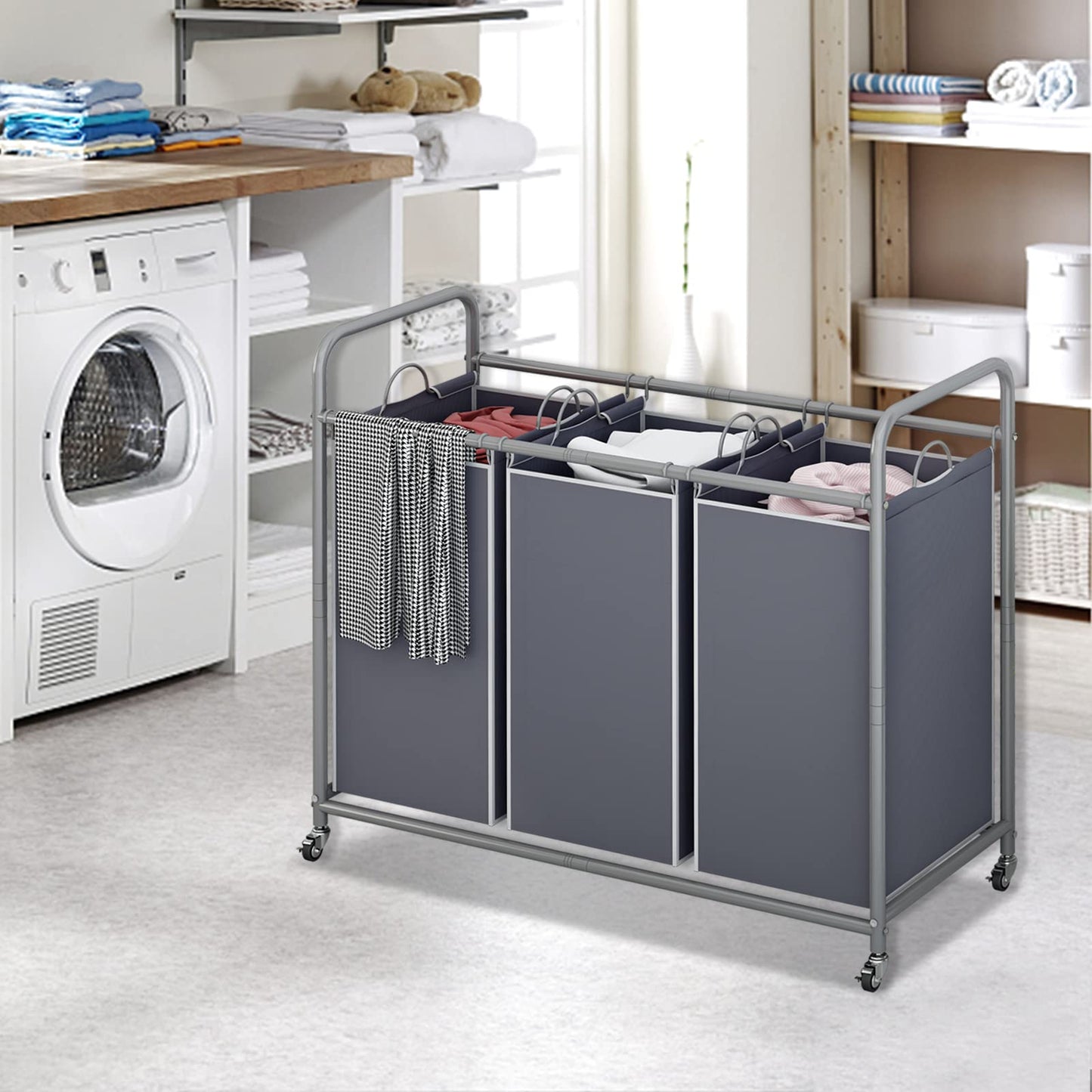 Linzinar Laundry Sorter Basket 3 Bag Laundry Hamper Cart