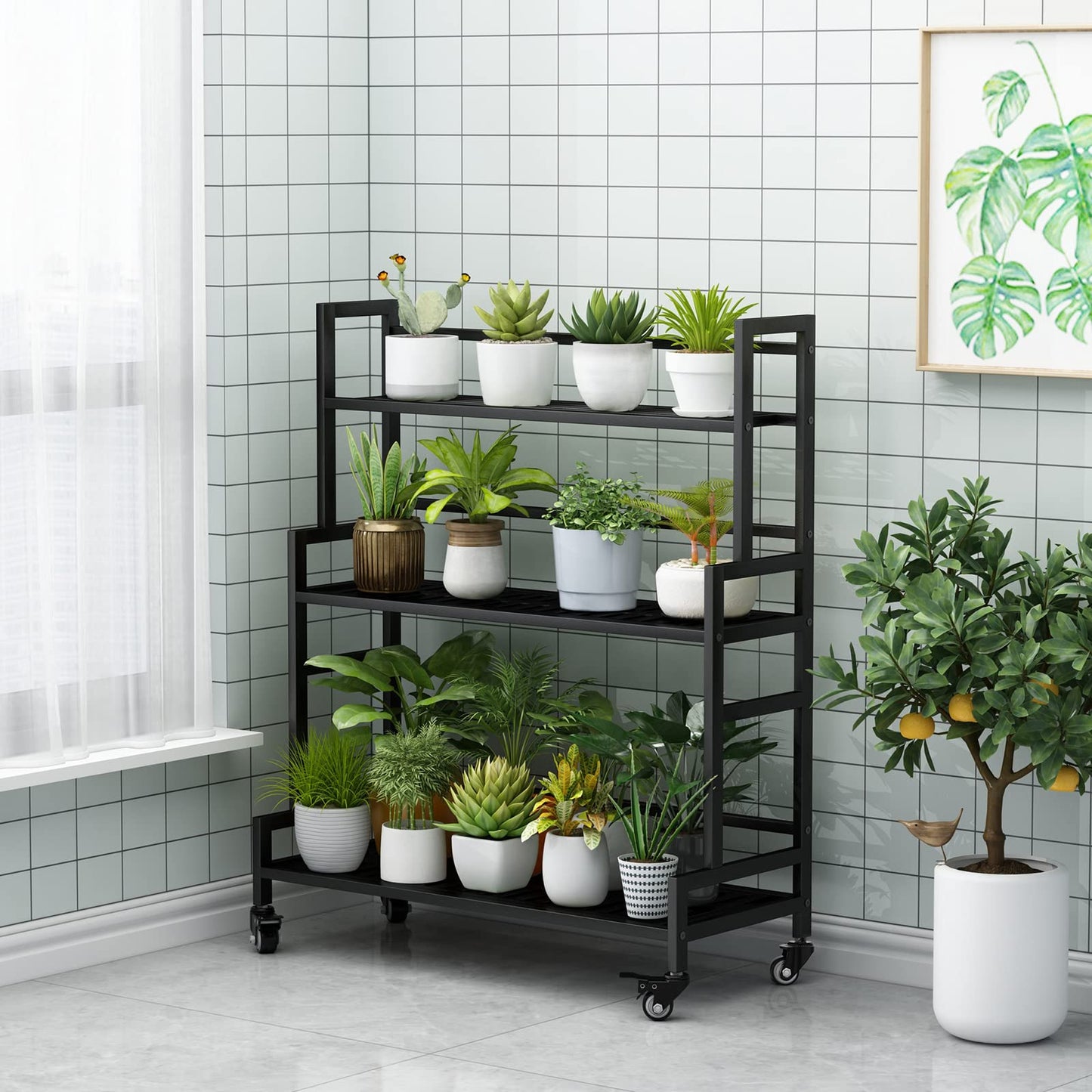 Linzinar Plant Stand Indoor 3-Tier Metal Outdoor Tiered Stand with Wheels Potting Ladder