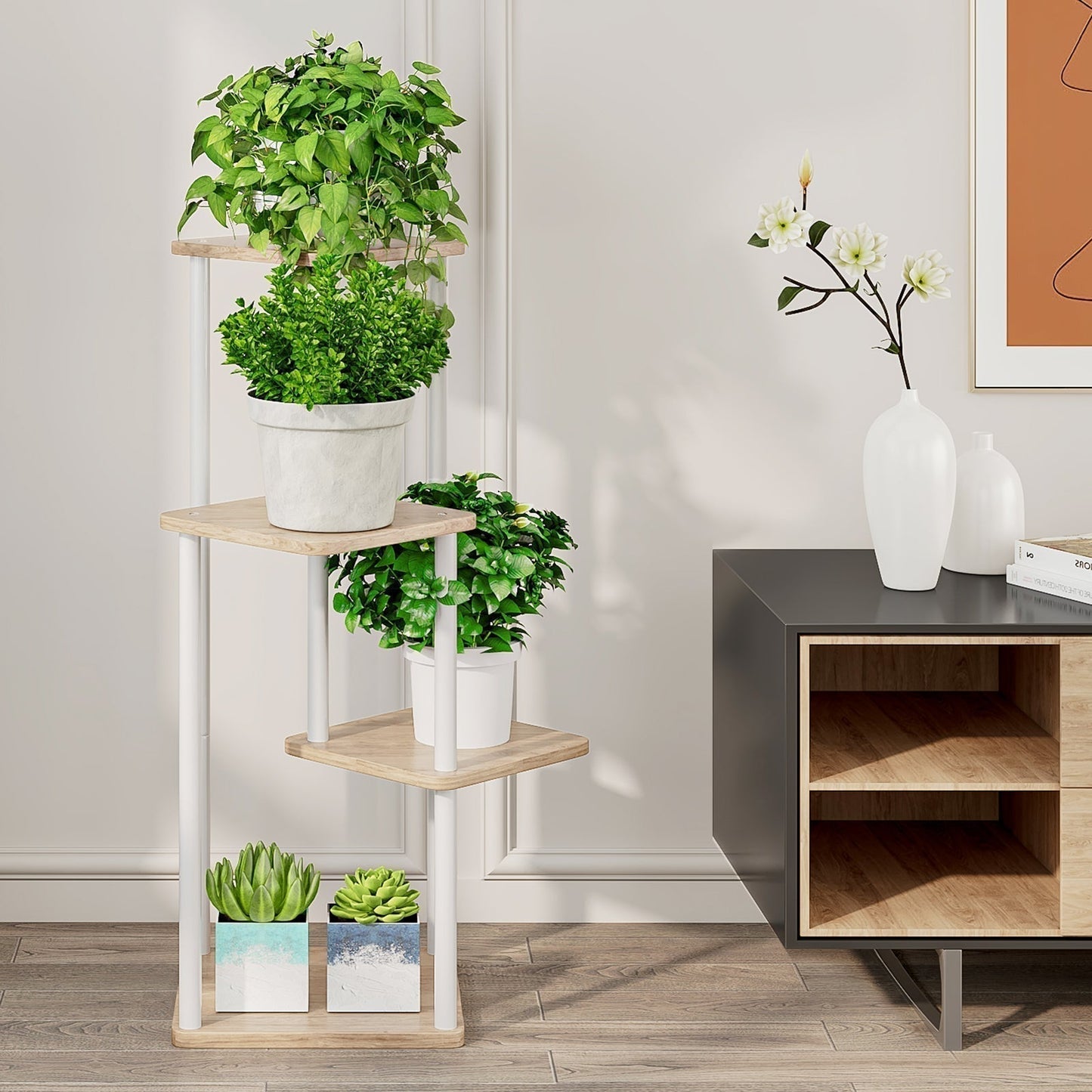 Linzinar Plant Stand 4 Tier 5 Potted Indoor Metal Corner Flower Shelf for Multiple Plants