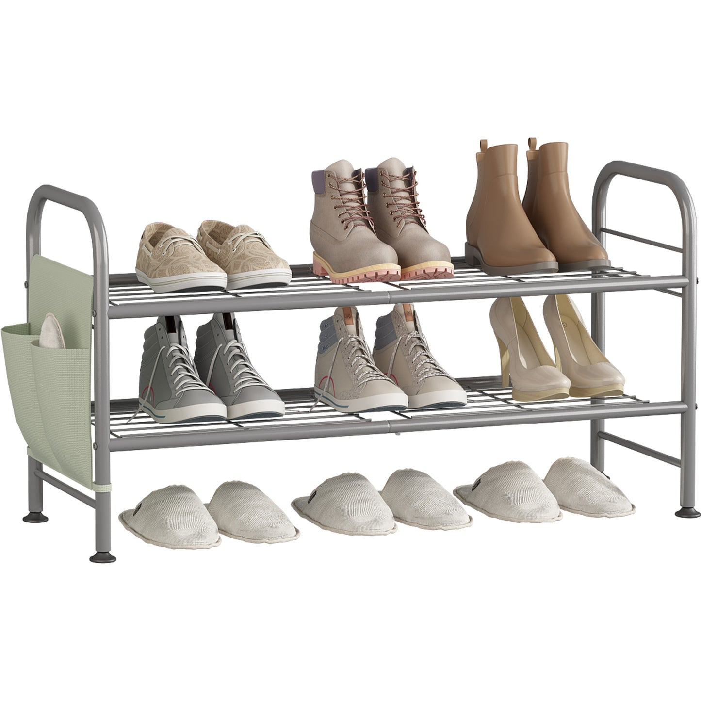 Linzinar Shoe Rack 3 Tier Black Wide Metal Storage Organizer Shelf with Removable Side Pockets