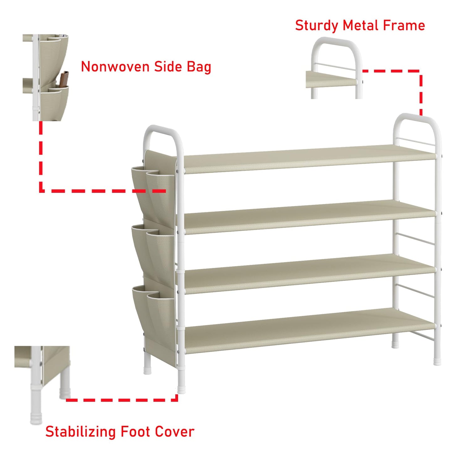 Linzinar Shoe Rack Storage Organizer 4 Tier Free Standing Metal Shoe Shelf