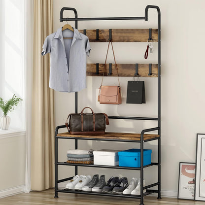 Linzinar Coat Rack Shoe Bench 3-in-1 Hall Tree Storage Shelf Organizer
