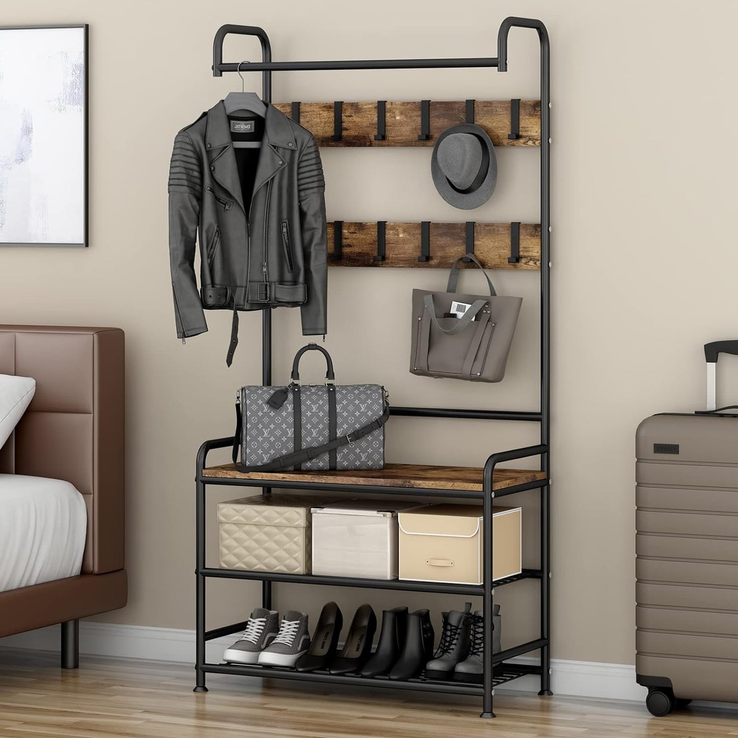 Linzinar Coat Rack Shoe Bench 3-in-1 Hall Tree with MDF Stand
