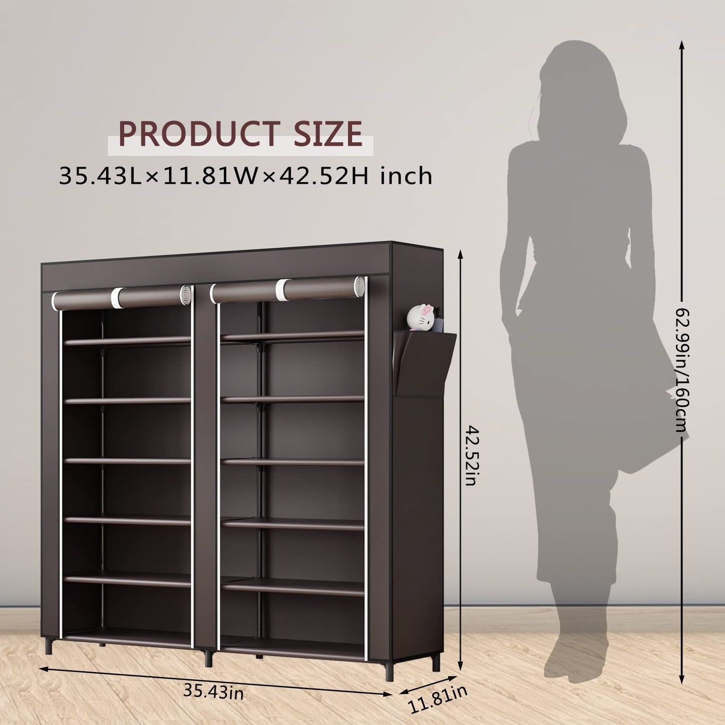 Linzinar Shoe Rack 6 Tier 24-36 Pairs Portable Metal Dust Cover Non Woven with Side Pocket Shoe Shelf Cabinet