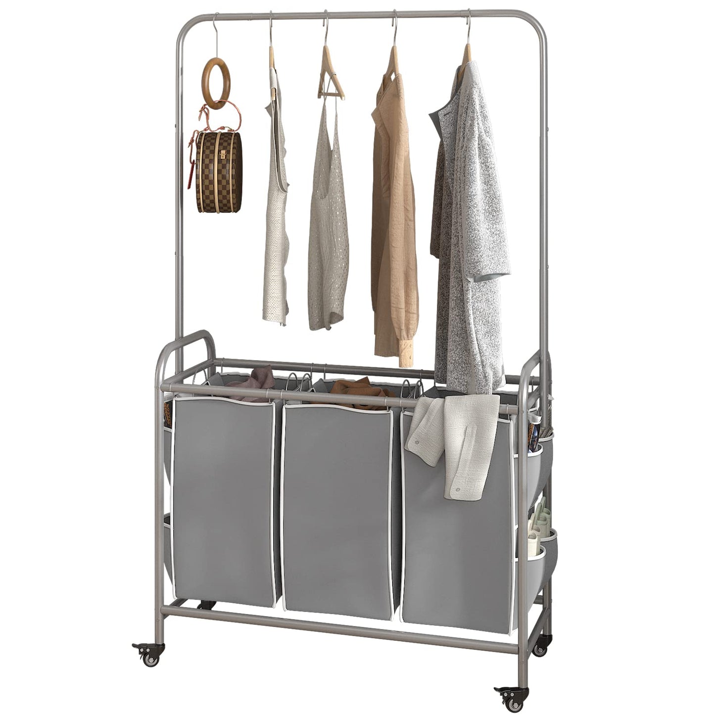 Linzinar Laundry Sorter 3 Bag Laundry Hamper Cart with Clothes Hanging Bar