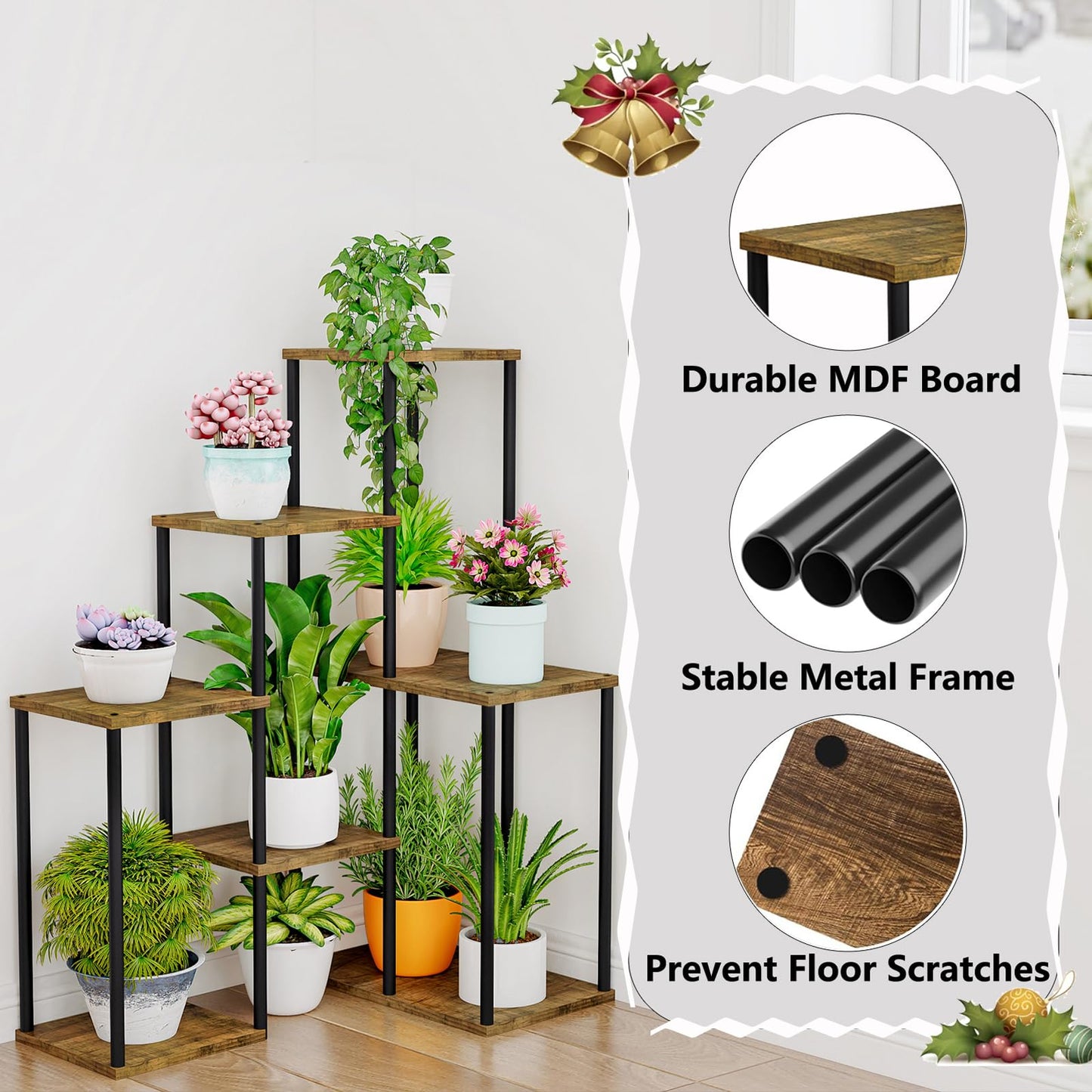 Linzinar Plant Stand Indoor Corner Plant Shelf 5 Tier 9 Potted Flower Shelves Wooden