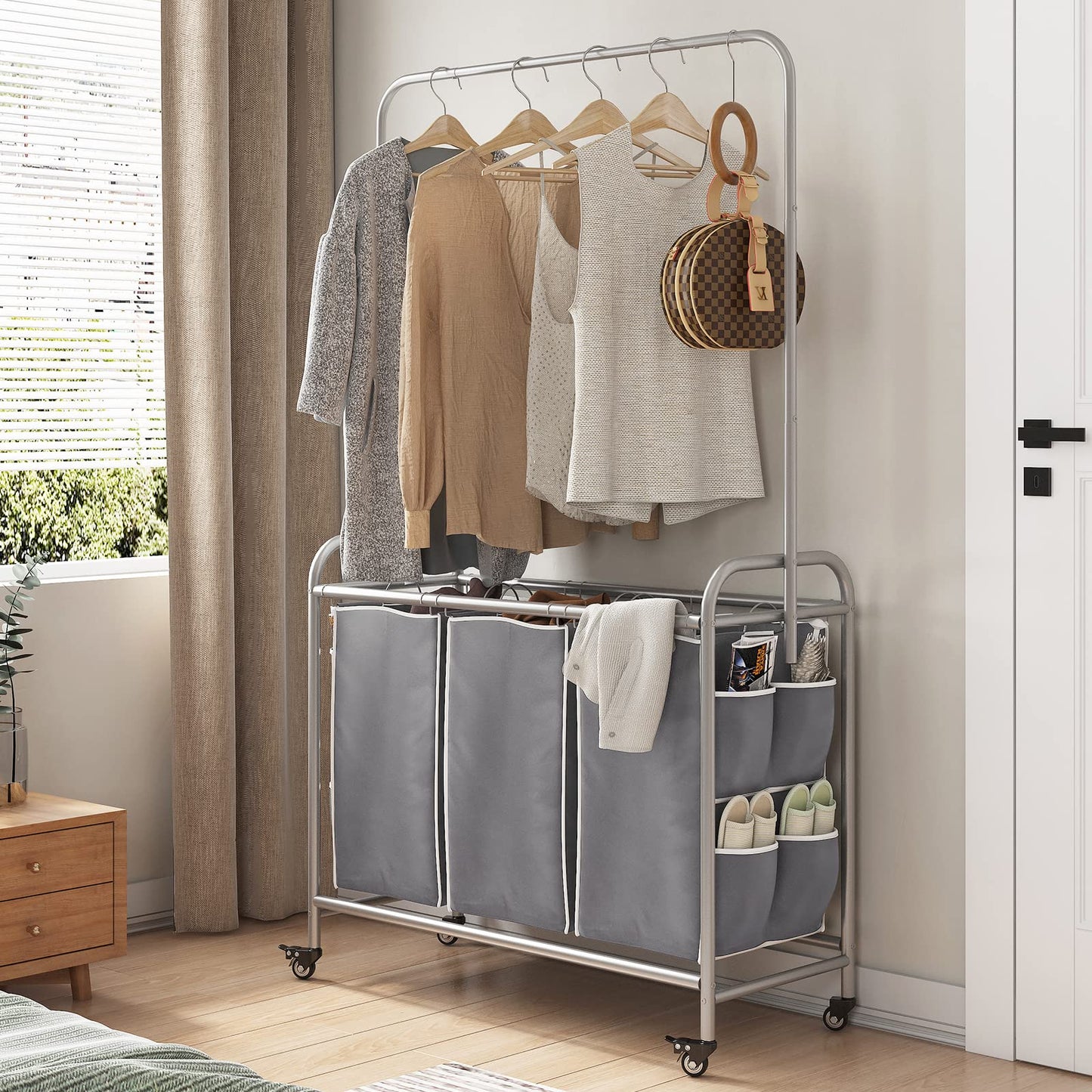 Linzinar Laundry Sorter 3 Bag Laundry Hamper Cart with Clothes Hanging Bar