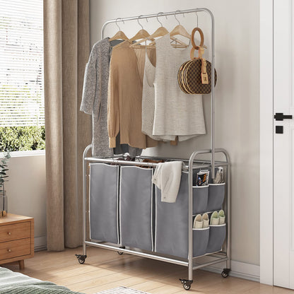 Linzinar Laundry Sorter 3 Bag Laundry Hamper Cart with Clothes Hanging Bar