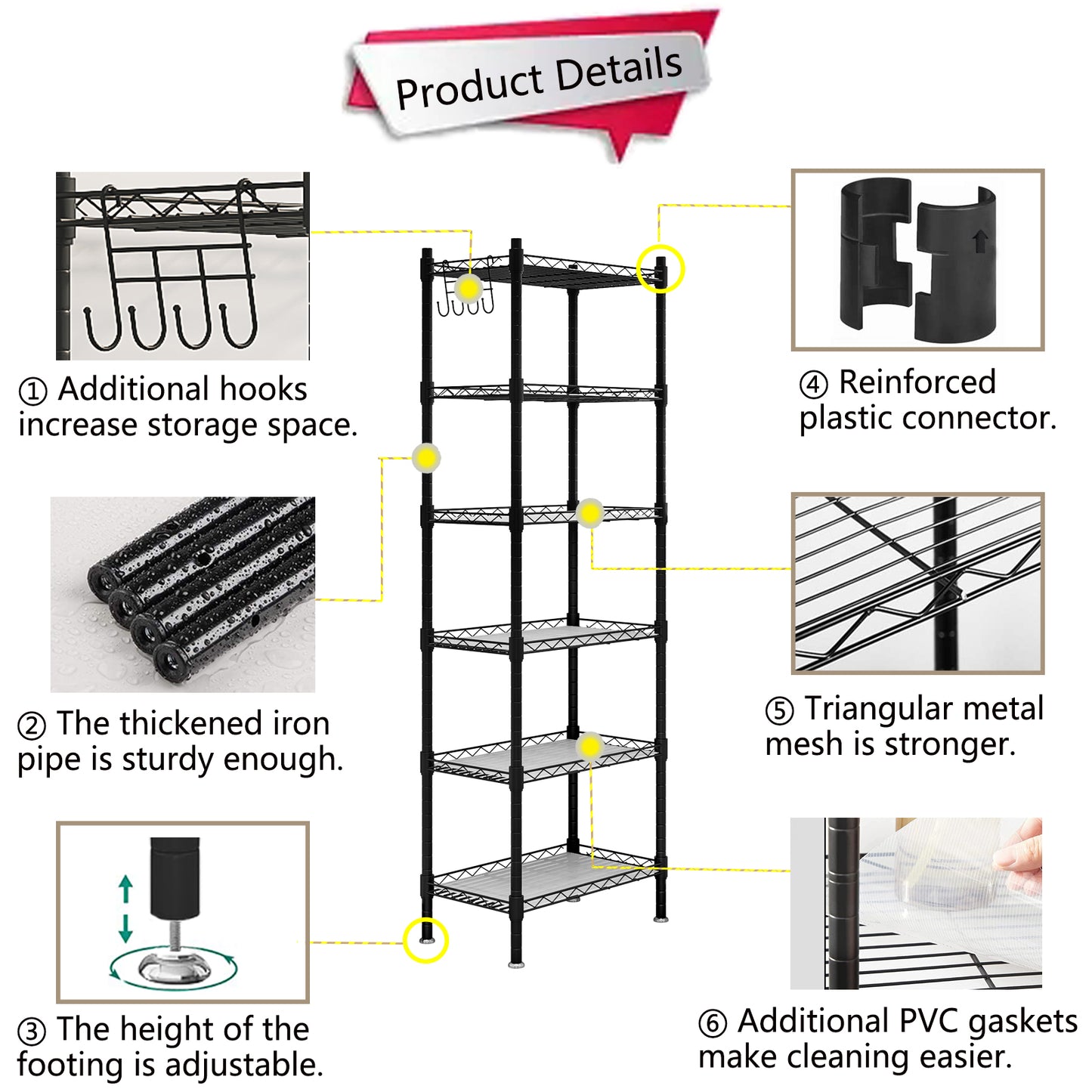 Linzinar Shelf 6 Wier Metal Storage Rack Shelving Unit Organizer