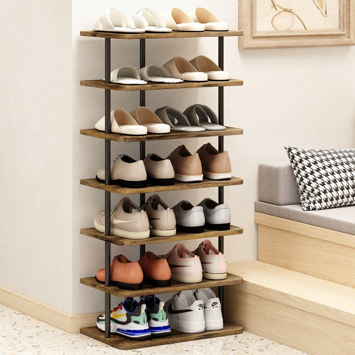 Linzinar Shoe Rack 7 Tier Vertical Storage Organizer Double Row Narrow Metal Slim Shelf