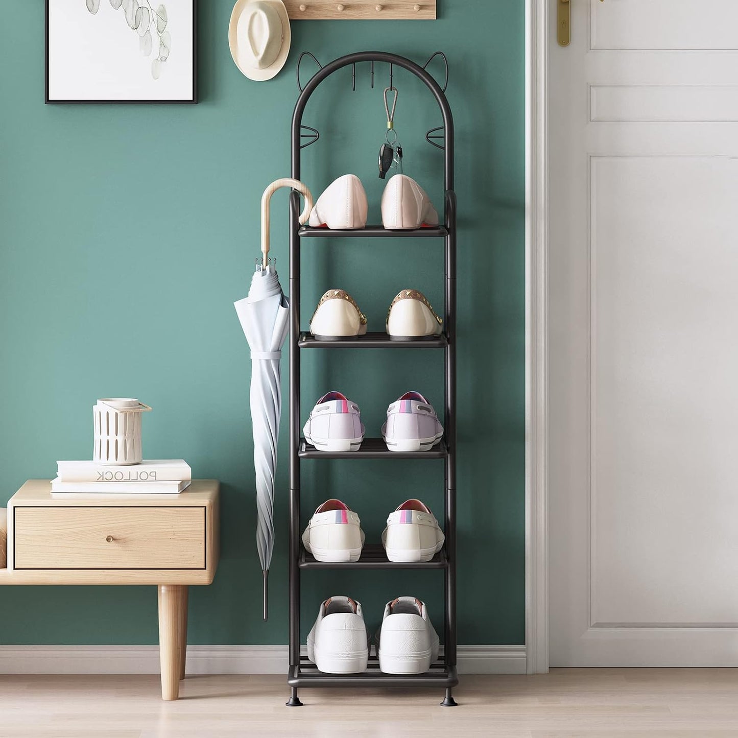 Linzinar Shoe Rack 5 Tier Vertical Storage Organizer Shelf Sturdy Metal Free Standing Shoe Tower