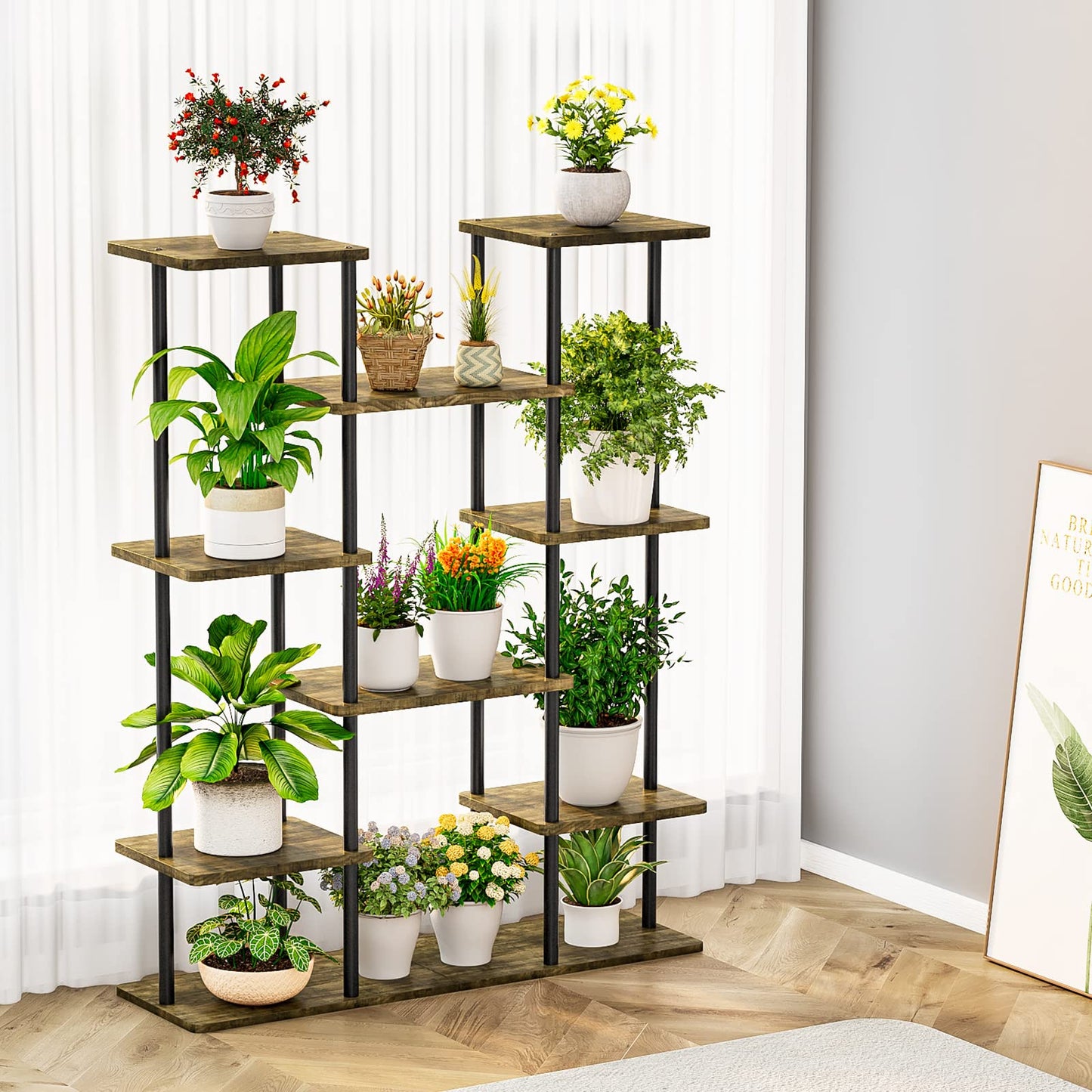 Linzinar Plant Stand Indoor Corner Tiered Metal Plant Organizer 6 Tier 14 Pot