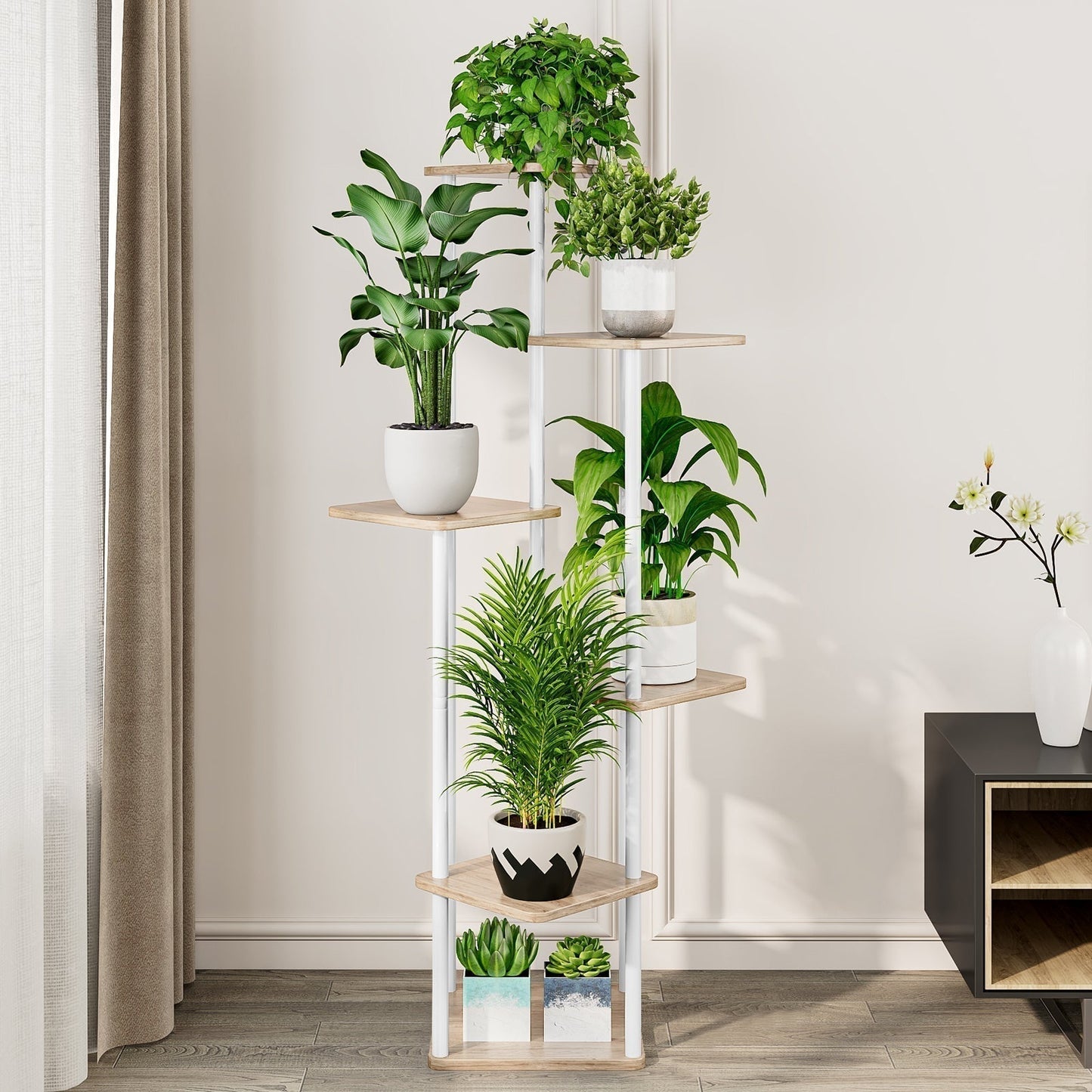 Linzinar Plant Stand 6 Tier 7 Potted Indoor Metal Corner Flower Shelf for Multiple Plants