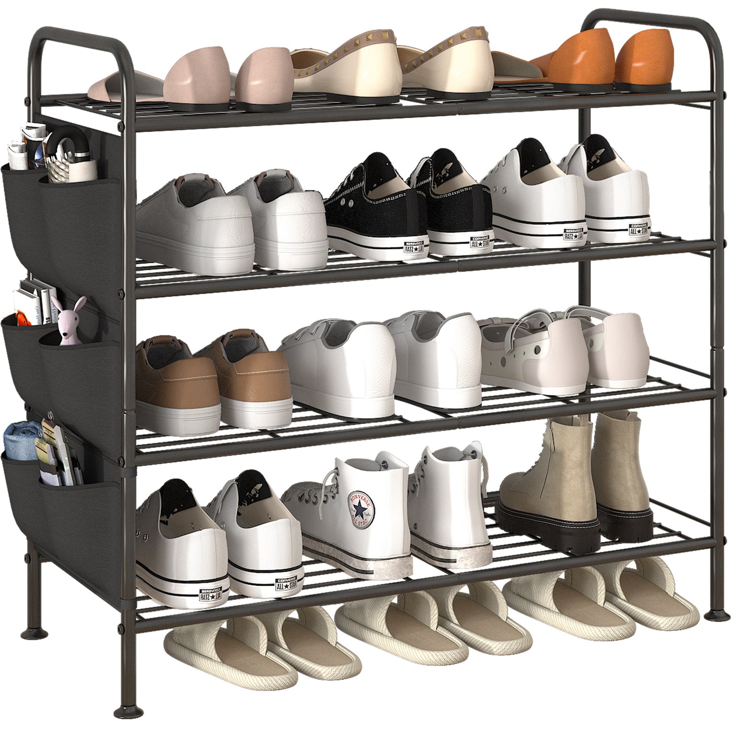 Linzinar Shoe Rack 3 Tier Black Wide Metal Storage Organizer Shelf with Removable Side Pockets