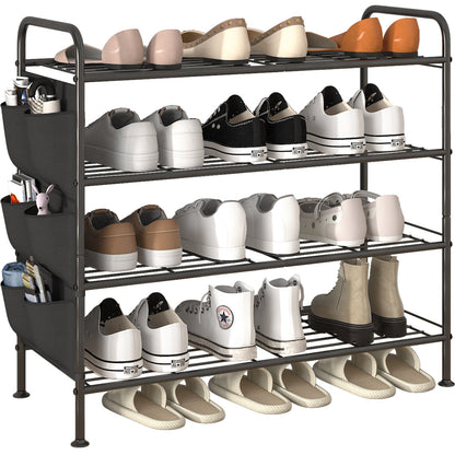 Linzinar Shoe Rack 3 Tier Black Wide Metal Storage Organizer Shelf with Removable Side Pockets