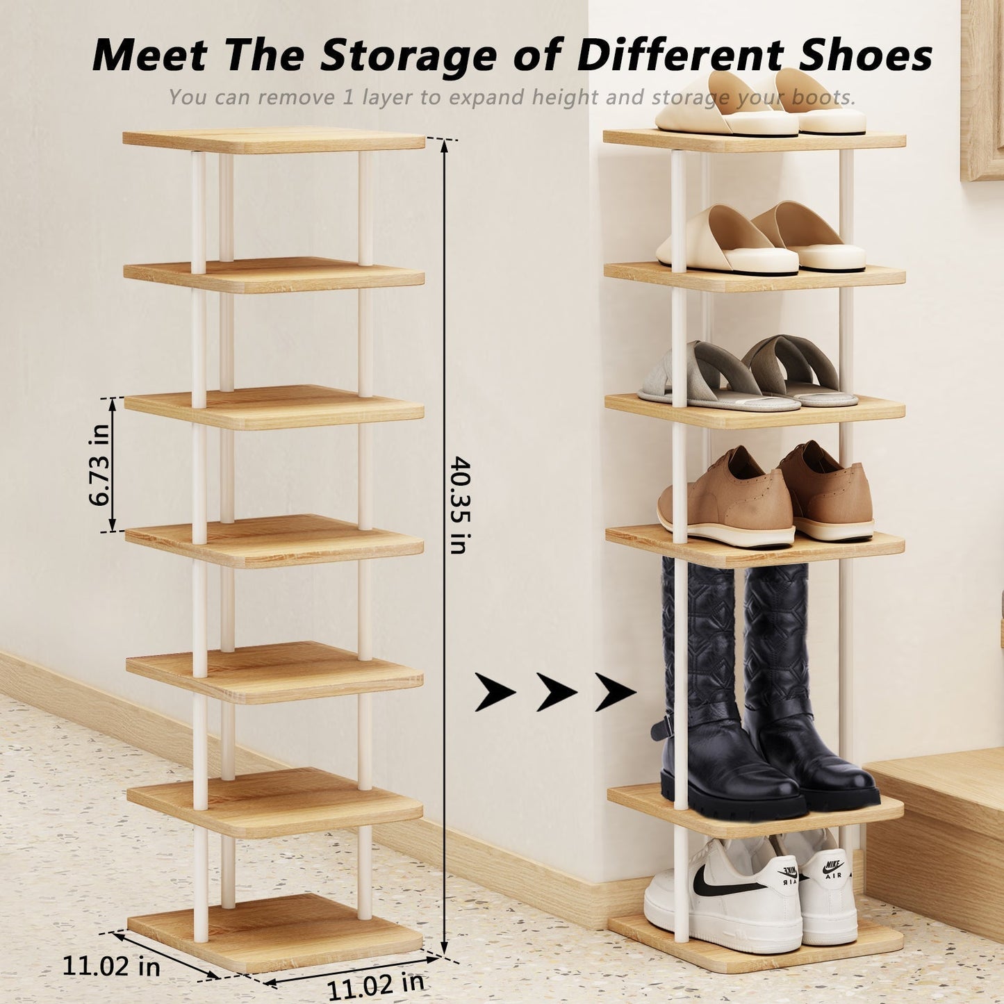 Linzinar Shoe Rack 7 Tier Vertical Storage Organizer Metal Narrow Slim Shelf