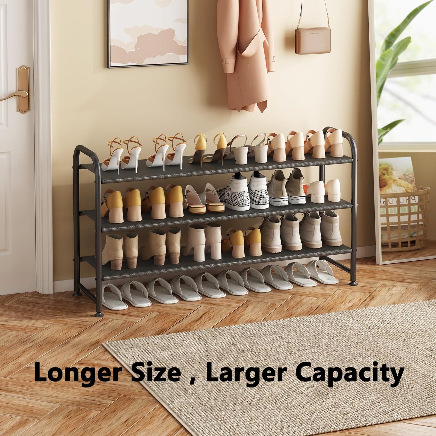 Linzinar Shoe Rack 3 Tier Long Storage Organizer Wide Metal Shoe Shelf