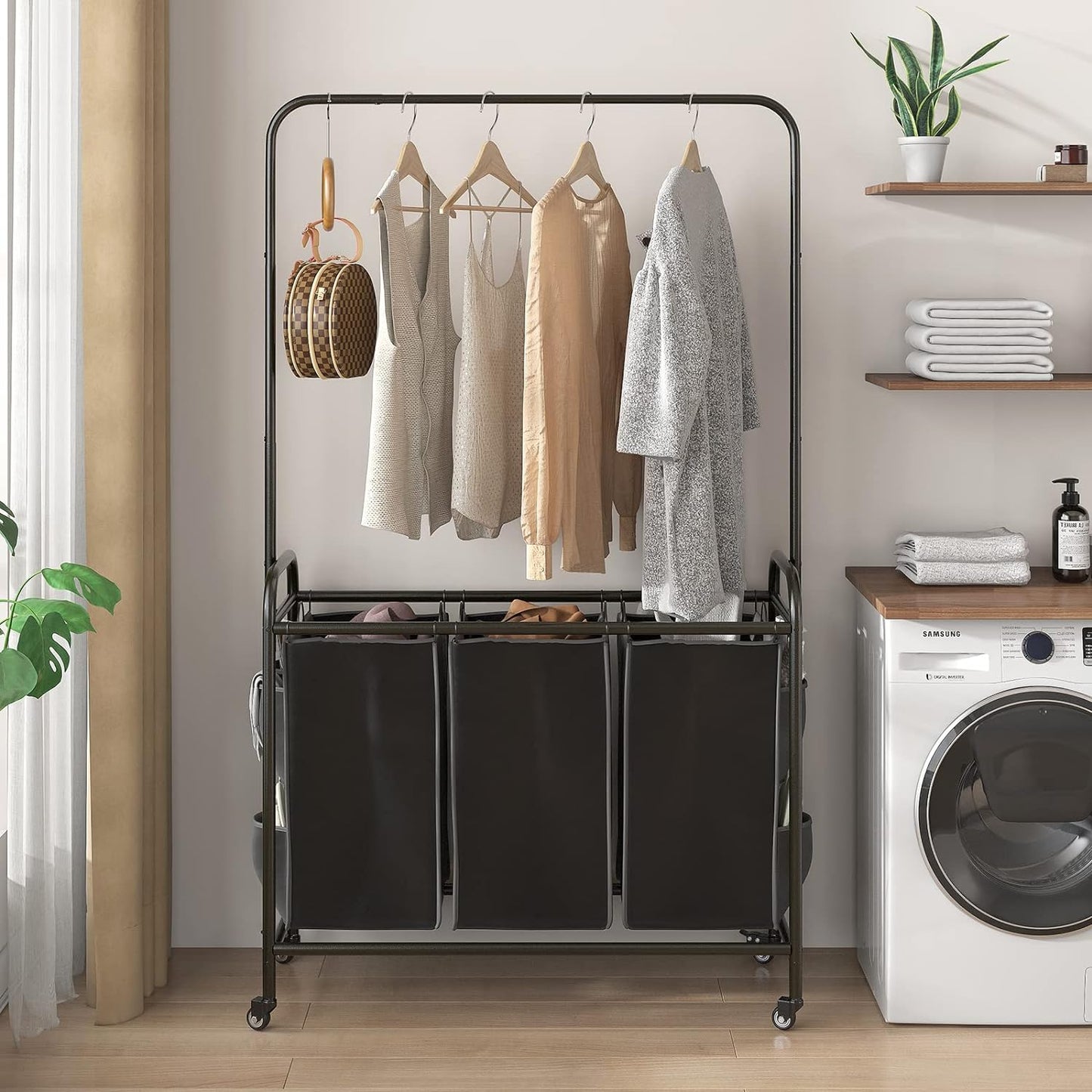 Linzinar Laundry Sorter 3 Bag Laundry Hamper Cart with Clothes Hanging Bar