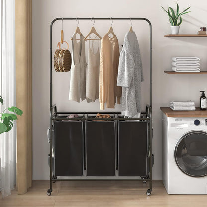 Linzinar Laundry Sorter 3 Bag Laundry Hamper Cart with Clothes Hanging Bar