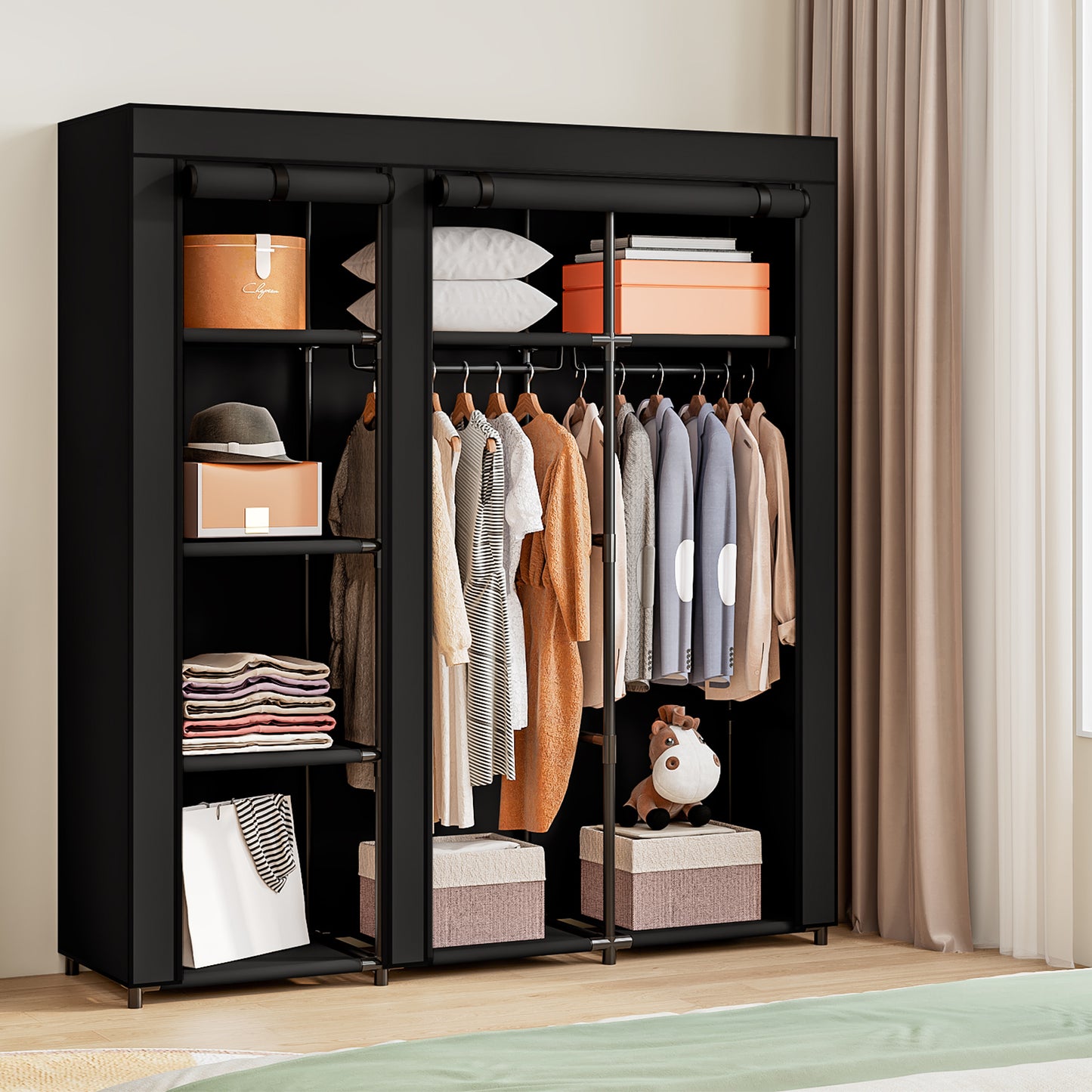 Linzinar 51 Inch Portable Wardrobe Closet Storage Organizer Metal Hanging Rack Non-Woven Fabric