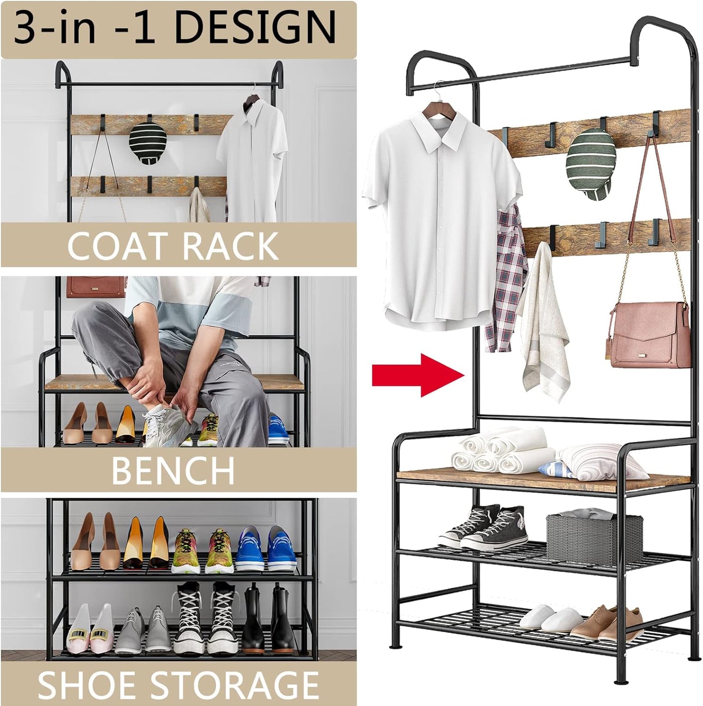 Linzinar Coat Rack Shoe Bench 3-in-1 Hall Tree Storage Shelf Organizer