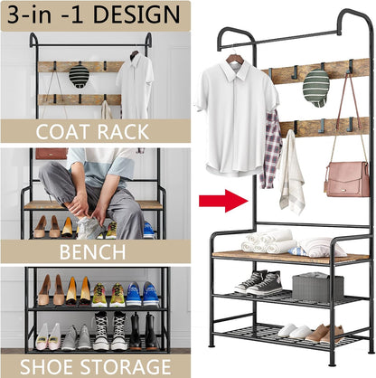 Linzinar Coat Rack Shoe Bench 3-in-1 Hall Tree Storage Shelf Organizer