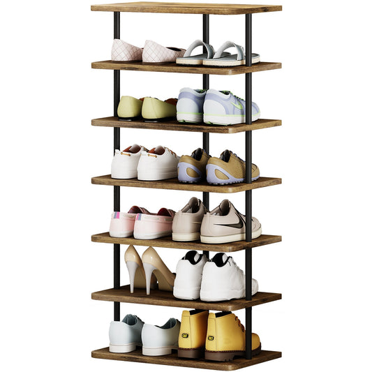 Linzinar Shoe Rack 7 Tier Vertical Storage Organizer Double Row Narrow Metal Slim Shelf