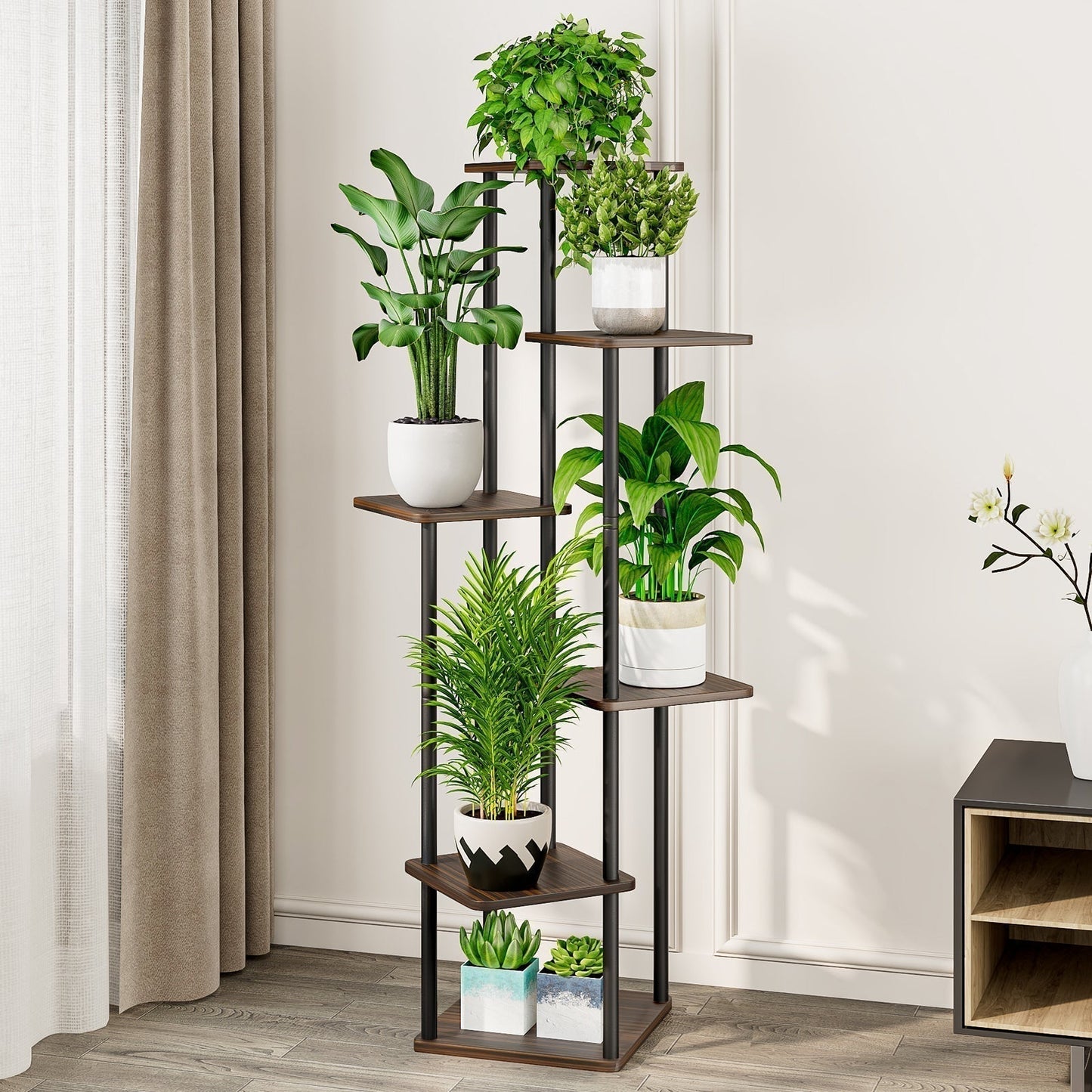 Linzinar Plant Stand 6 Tier 7 Potted Indoor Metal Corner Flower Shelf for Multiple Plants