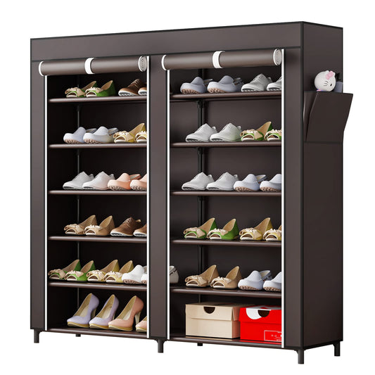 Linzinar Shoe Rack 6 Tier 24-36 Pairs Portable Metal Dust Cover Non Woven with Side Pocket Shoe Shelf Cabinet