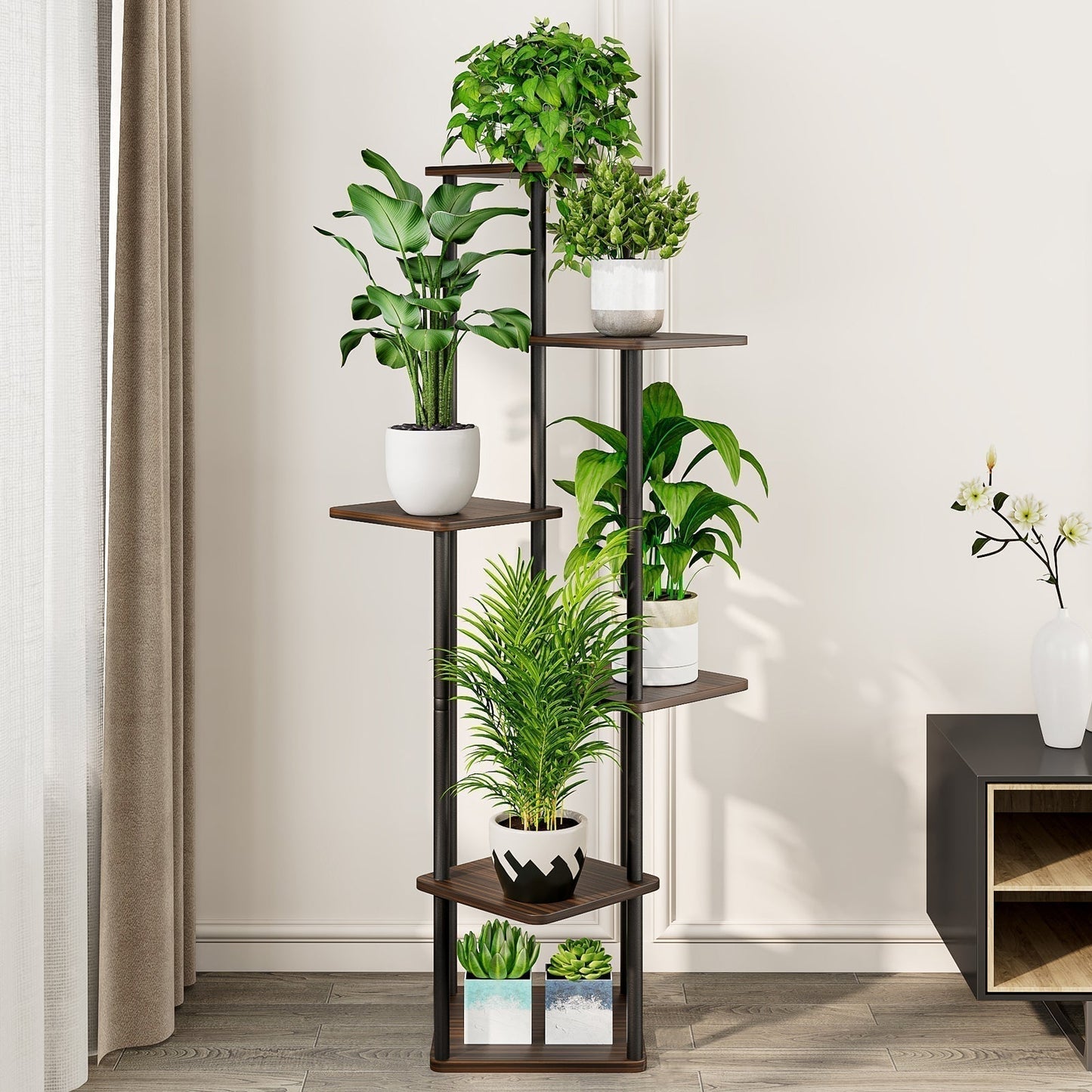 Linzinar Plant Stand 6 Tier 7 Potted Indoor Metal Corner Flower Shelf for Multiple Plants