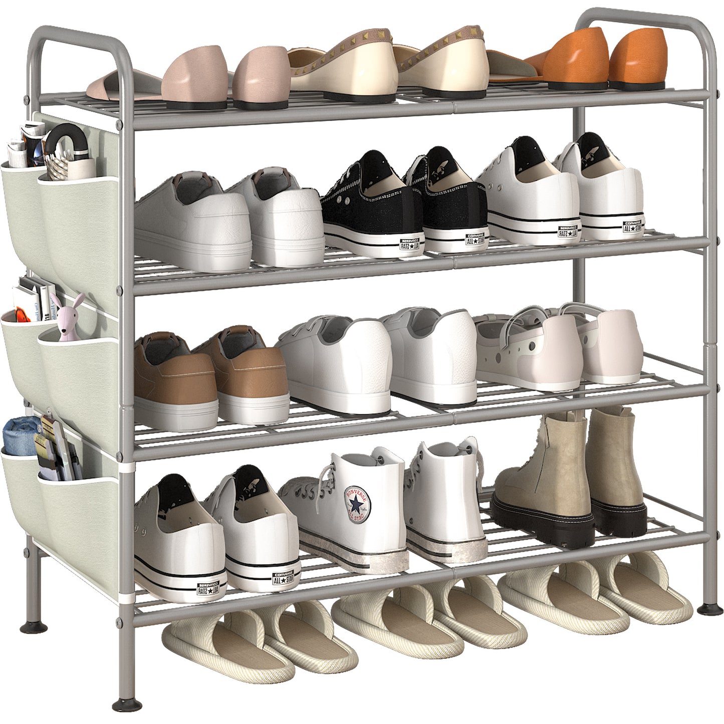 Linzinar Shoe Rack 3 Tier Black Wide Metal Storage Organizer Shelf with Removable Side Pockets