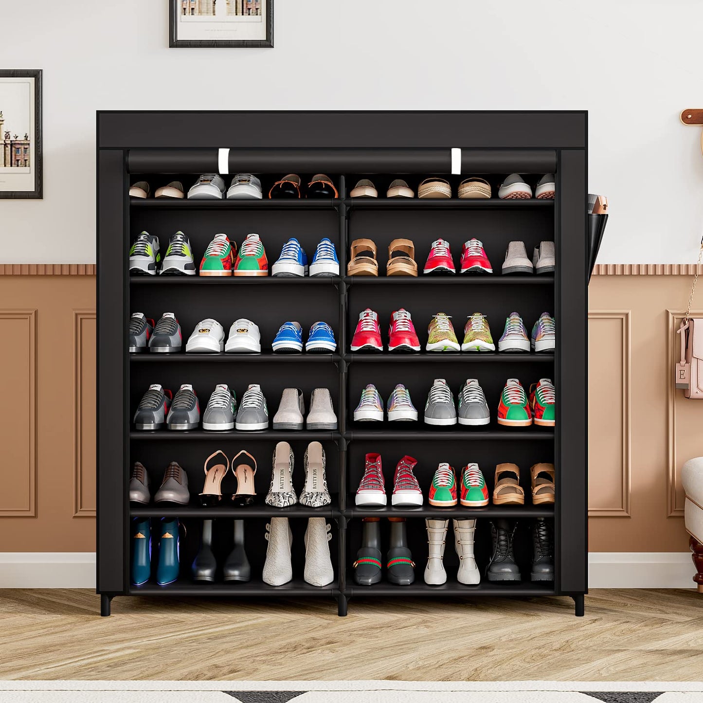 Linzinar 7-Tier Shoe Rack Storage Organizer 42 Pairs Portable Double Row with Dustproof Cover Non-Woven Shoe Storage Cabinet
