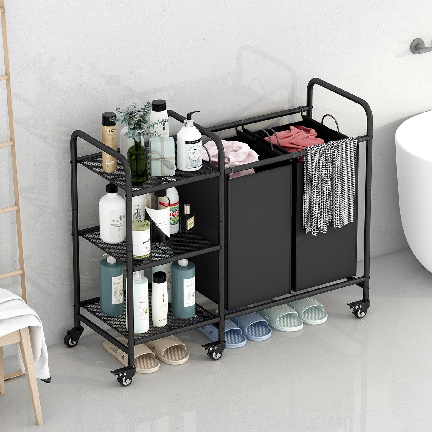 Linzinar 2 Bag Laundry Basket Sorter Cart with Storage Shelf Laundry Hamper with Rolling Wheels