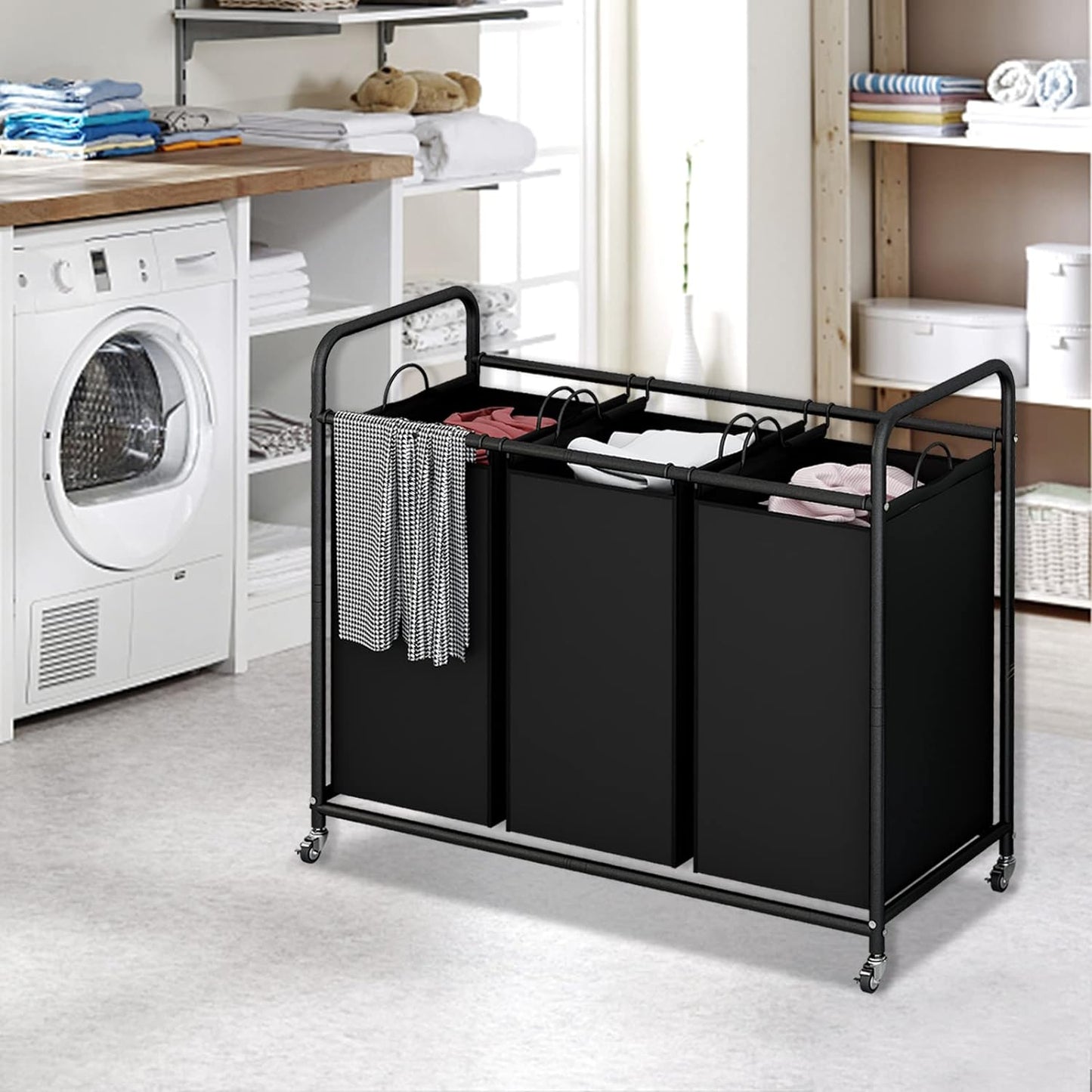Linzinar Laundry Sorter Basket 3 Bag Laundry Hamper Cart