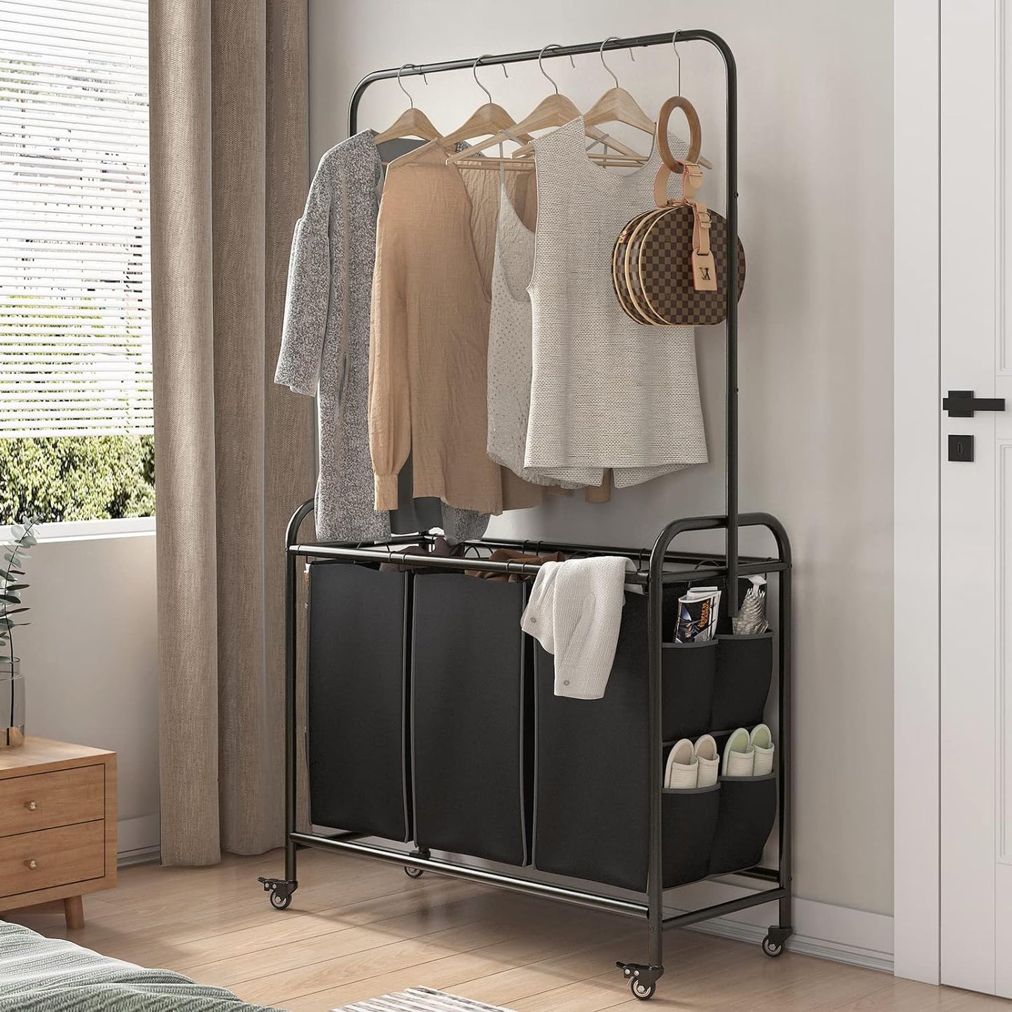 Linzinar Laundry Sorter 3 Bag Laundry Hamper Cart with Clothes Hanging Bar