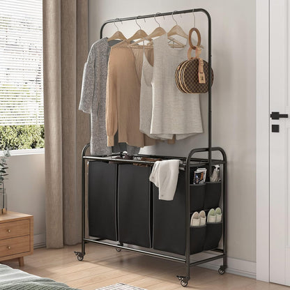 Linzinar Laundry Sorter 3 Bag Laundry Hamper Cart with Clothes Hanging Bar