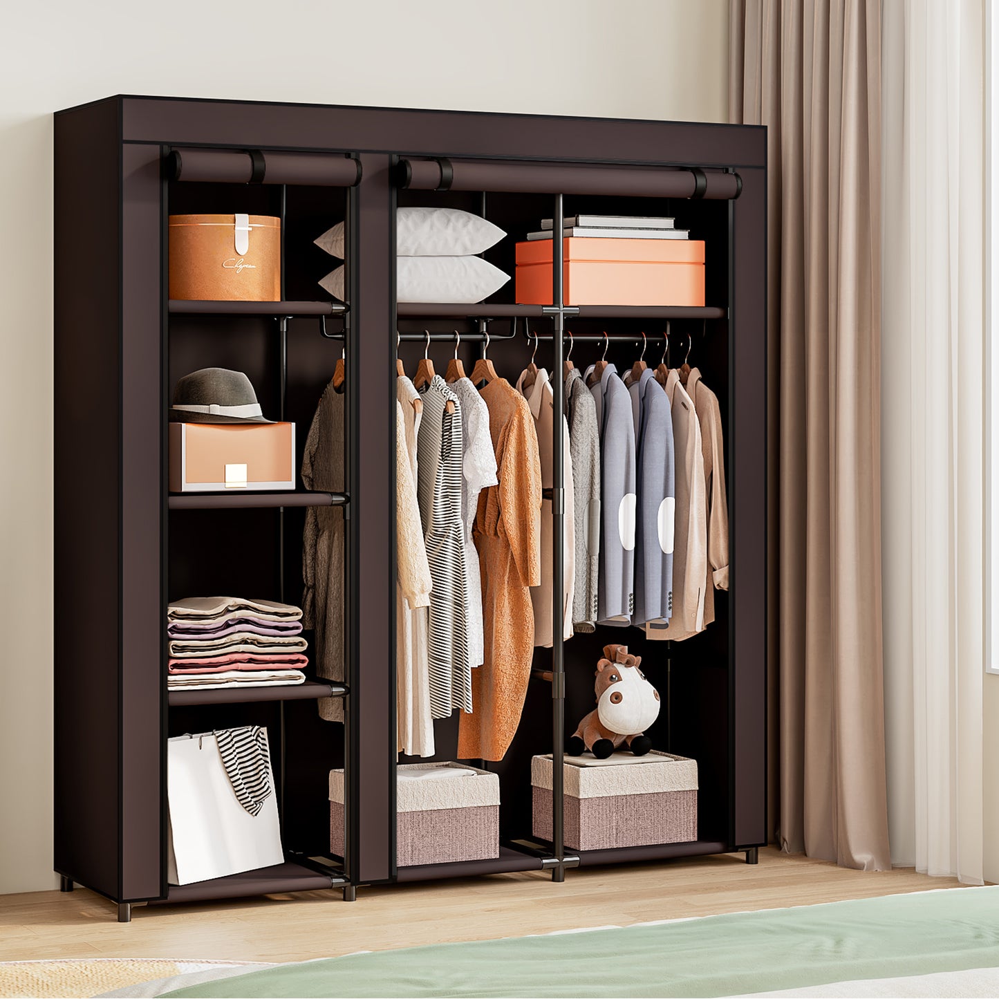 Linzinar 51 Inch Portable Wardrobe Closet Storage Organizer Metal Hanging Rack Non-Woven Fabric
